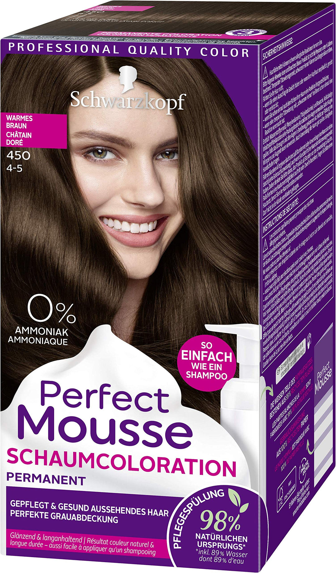 SCHWARZKOPF PERFECT MOUSSE Permanente Schaumcoloration 450 Warmes Braun Stufe 3, 3er Pack (3 x 92,5
