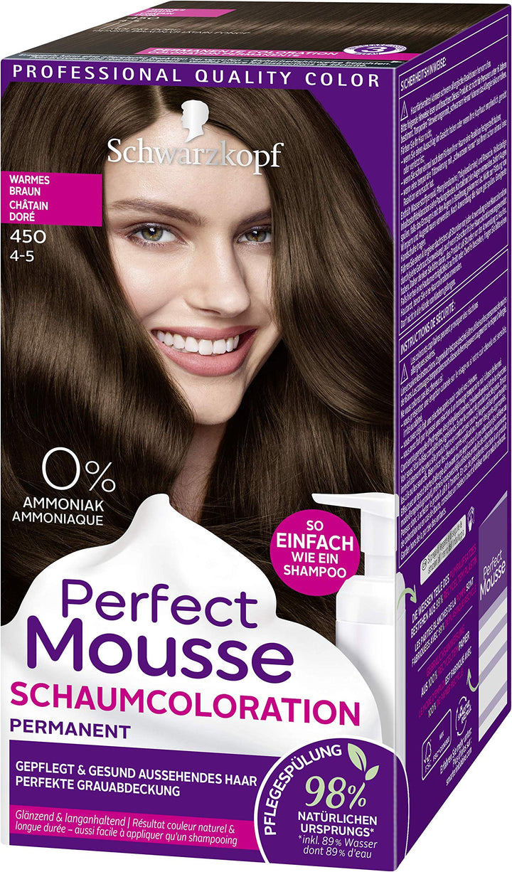 SCHWARZKOPF PERFECT MOUSSE Permanente Schaumcoloration 450 Warmes Braun Stufe 3, 3er Pack (3 x 92,5