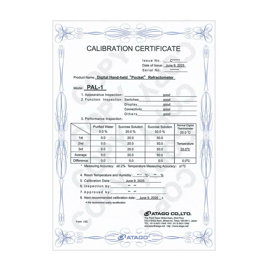 ATAGO Refractometer PAL-1 + Calibration Certificate | Kalibrierschein, Silikonhülle, ohne Batterien