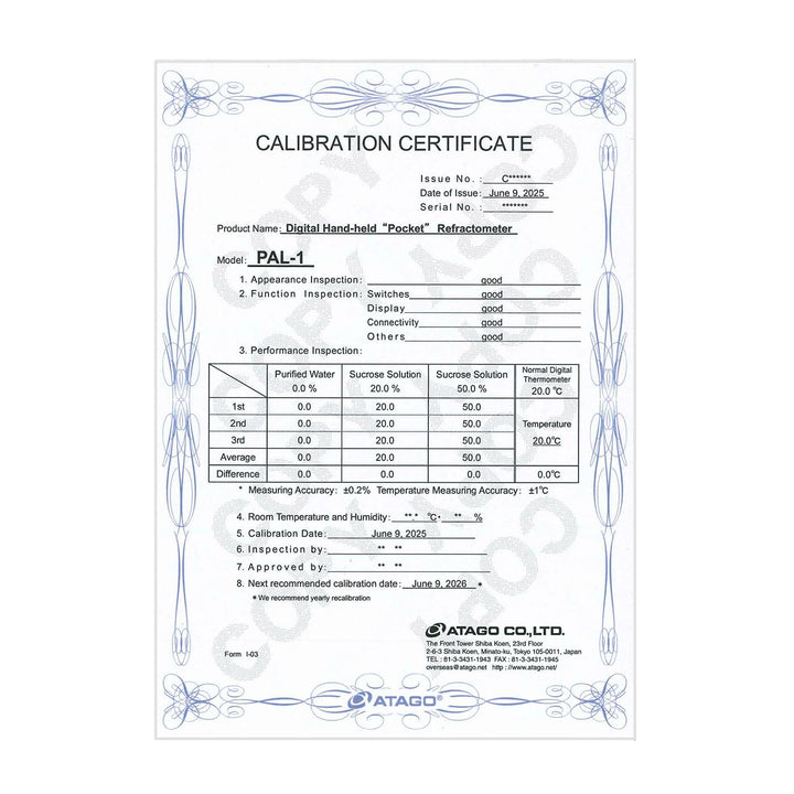ATAGO Refractometer PAL-1 + Calibration Certificate | Kalibrierschein, Silikonhülle, ohne Batterien