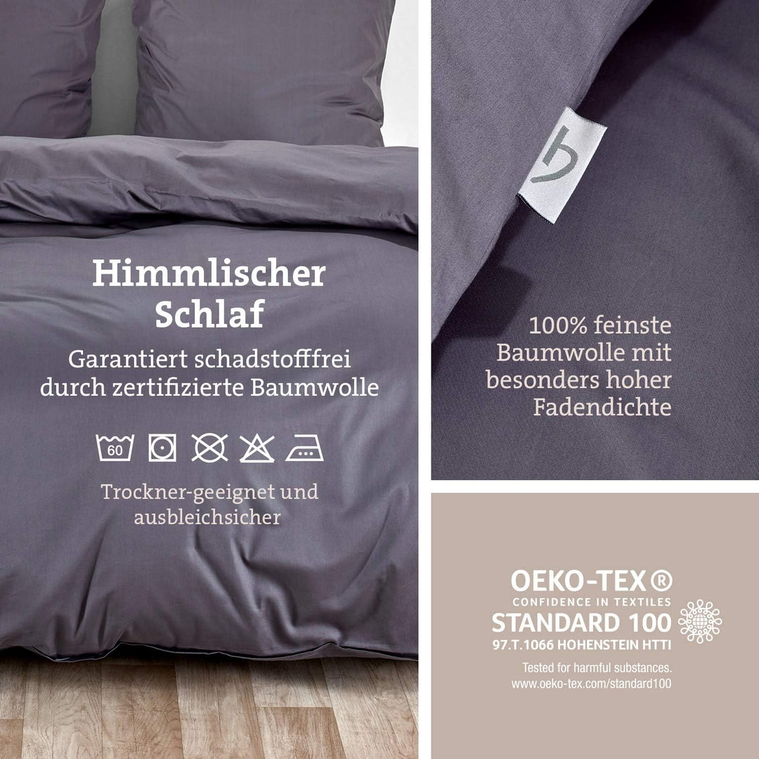 herzbach home Premium Mako-Satin Bettwäsche Set aus 100% Baumwolle (135 x 200 cm + 80 x 80 cm, Anthr