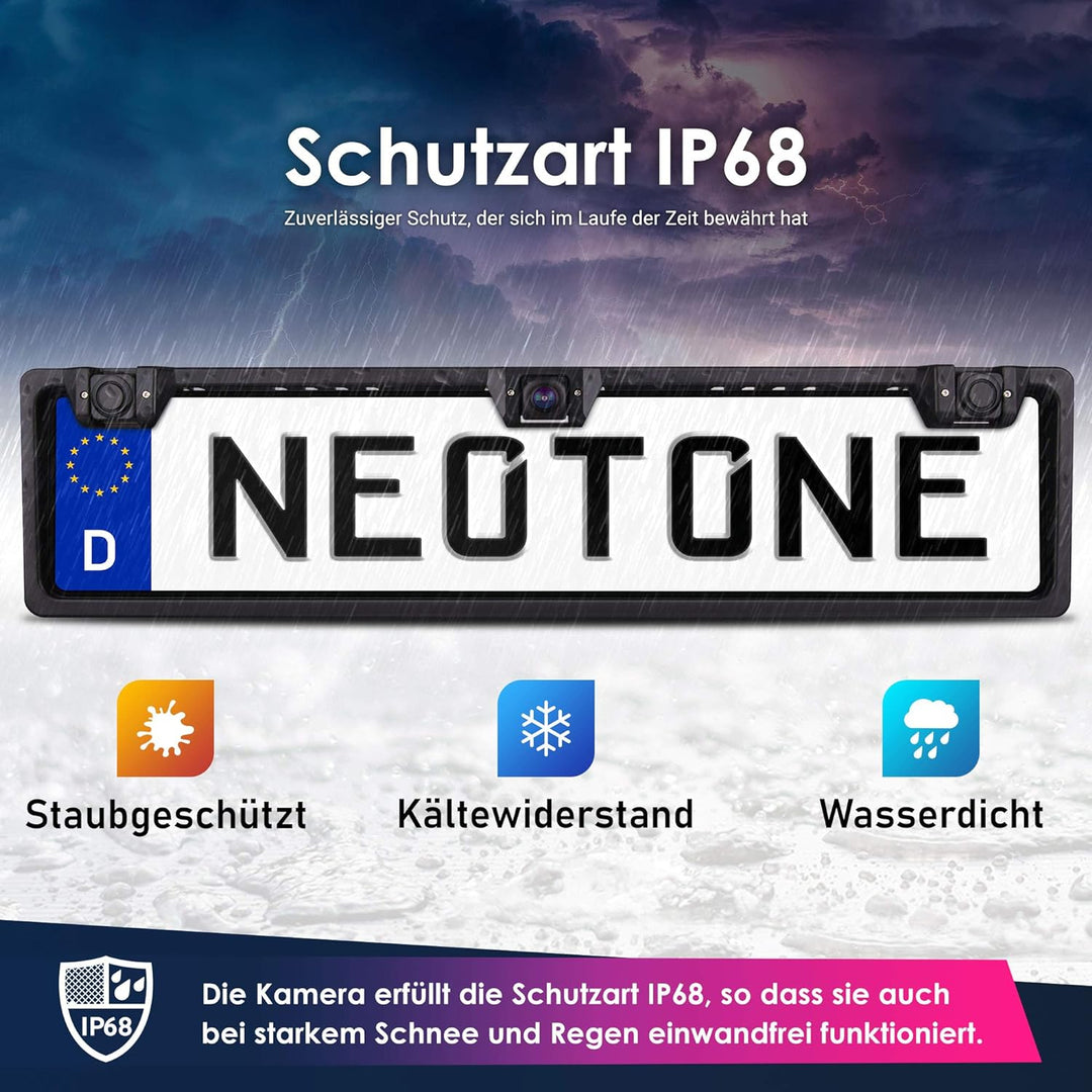 NEOTONE NTK-200P universelle Rückfahrkamera in Kennzeichenhalterung mit 2 Parksensoren | 170° Weitwi