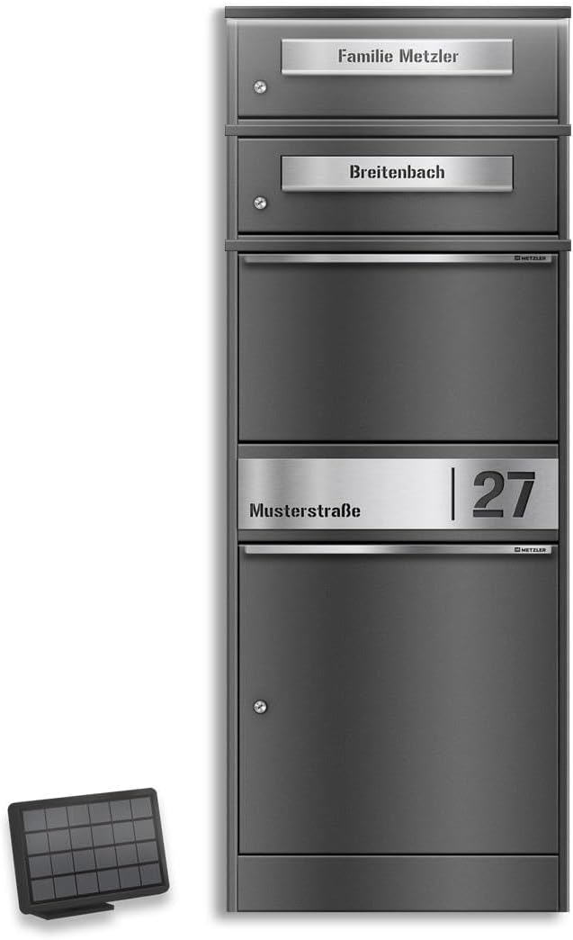 Metzler Paketbox mit Briefkasten und LED-Solarbeleuchtung in Eisenglimmer mit Gravur – wetterfest, a