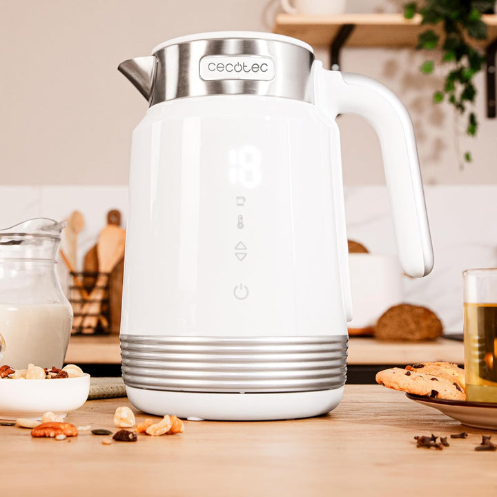 Cecotec Elektrischer Wasserkocher ThermoSense 600 Touch White, 1,7 l, 2200 W, BPA-frei, Edelstahl un