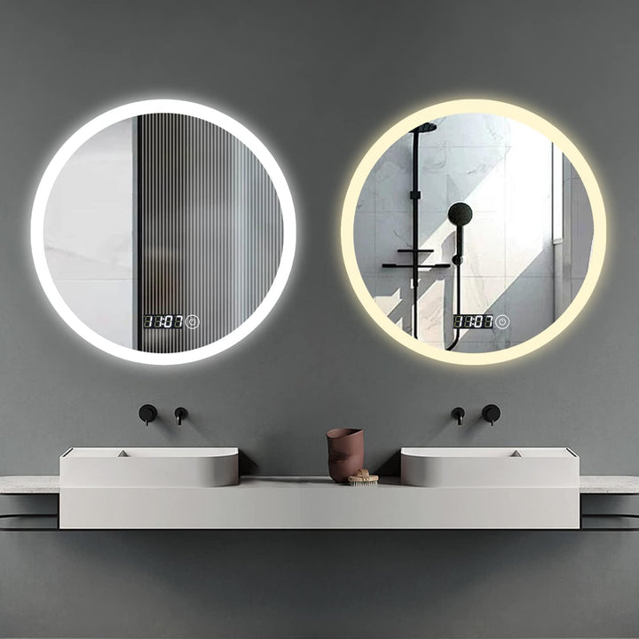 Boromal Badspiegel Rund 60cm Badezimmerspiegel mit Uhr und Beleuchtung 3 Lichtfarbe Dimmbar 3000-650