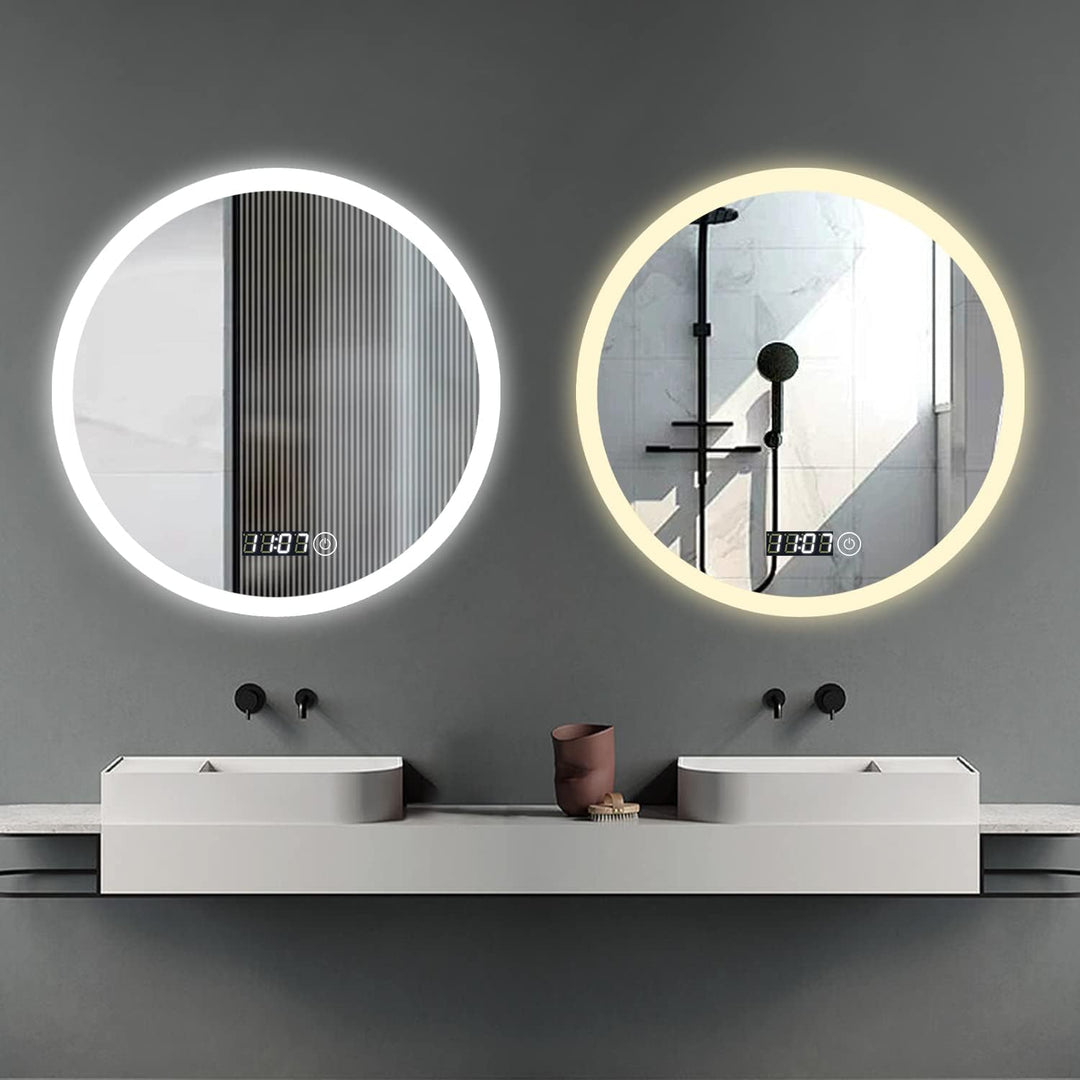 Boromal LED Badspiegel mit Uhr und Beleuchtung 60cm Rund Badezimmerspiegel 3 Lichtfarbe Dimmbar 3000