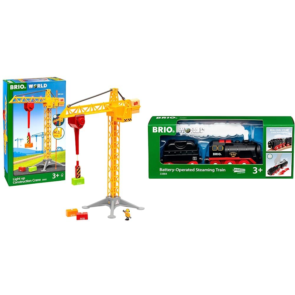 BRIO World 33835 Grosser Baukran mit Licht &amp; World 33884 Batterie-Dampflok mit Wassertank - Lokomoti