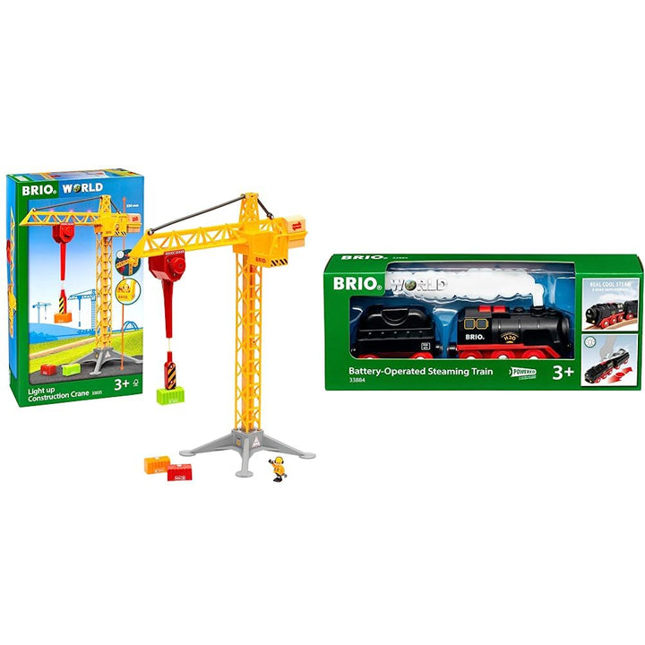 BRIO World 33835 Grosser Baukran mit Licht &amp; World 33884 Batterie-Dampflok mit Wassertank - Lokomoti