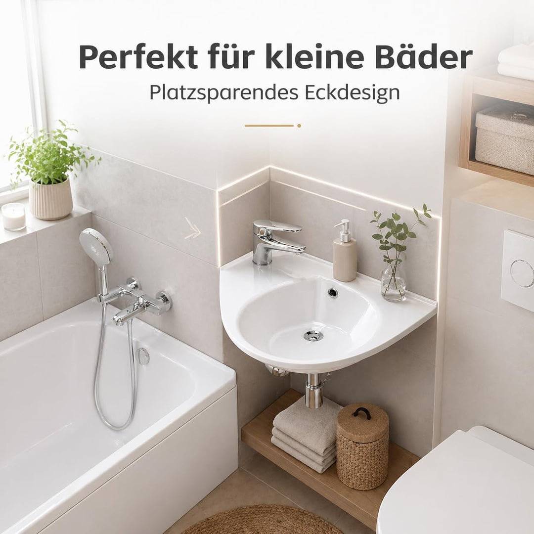 Praktisches Eckwaschbecken | Waschbecken zur Wandmontage mit Hahnloch und Überlauf | Hängewaschbecke