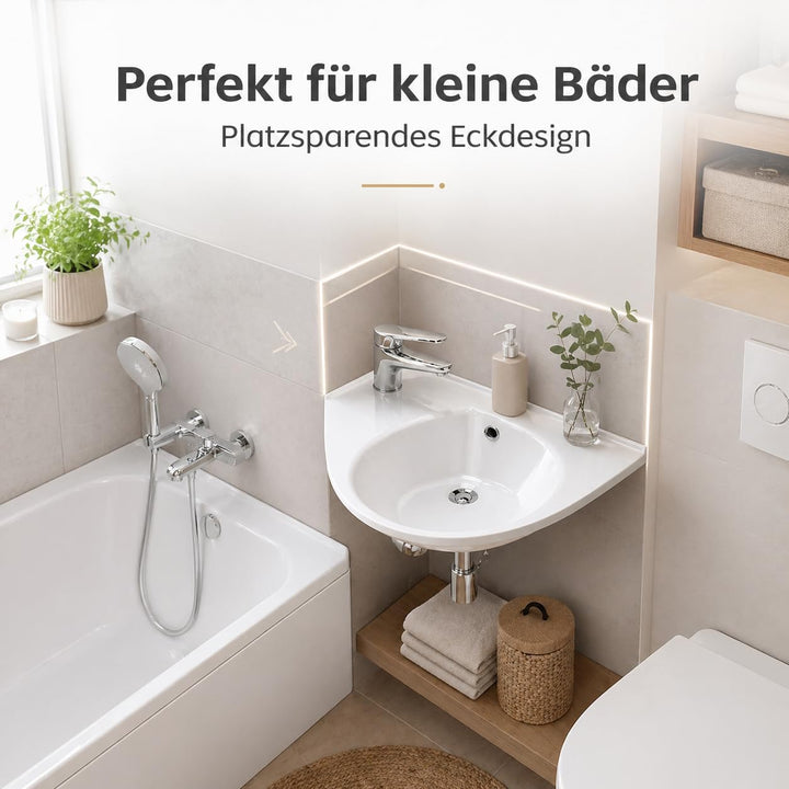 Praktisches Eckwaschbecken | Waschbecken zur Wandmontage mit Hahnloch und Überlauf | Hängewaschbecke