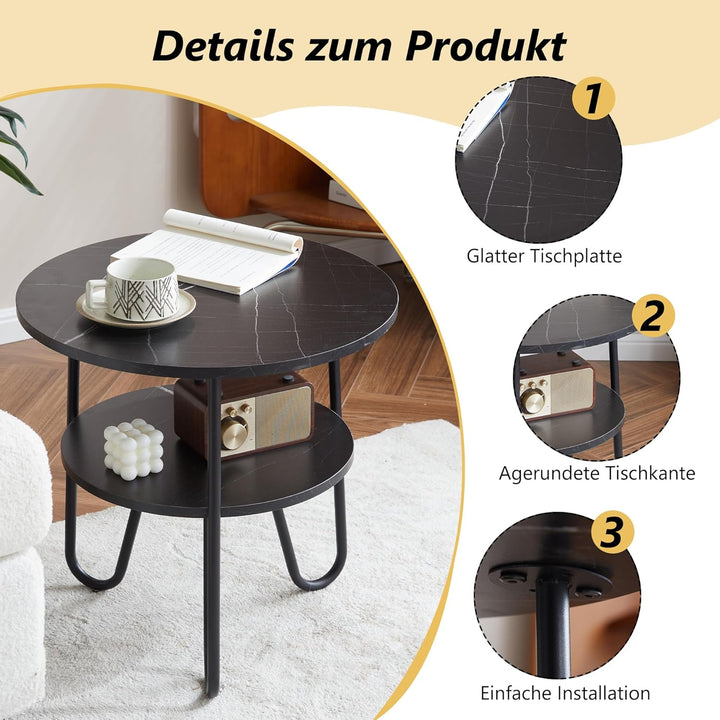 Mingone Couchtisch Rund Beistelltisch 2 Ablagen Sofatisch Modern mit Stauraum Kleiner Tisch für Wohn