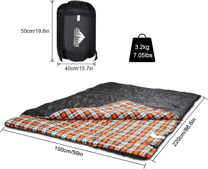 Baumwollflanell-Doppelschlafsack für Camping, Wandern oder Wandern. Queen Size 2 Person wasserdichte