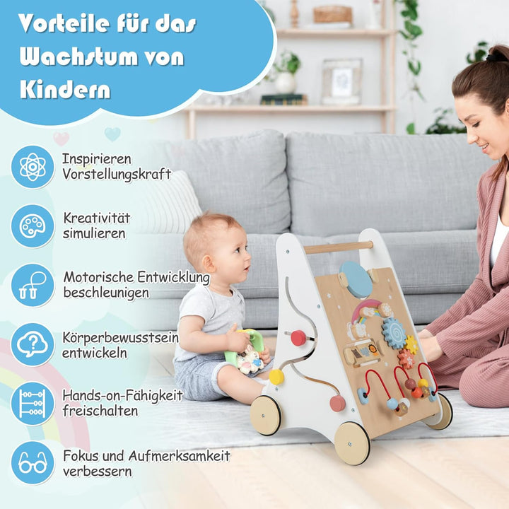 GOPLUS Stabile Lauflernhilfe aus Holz, Multifunktionaler Lauflernwagen mit mehreren Spieleinstellung