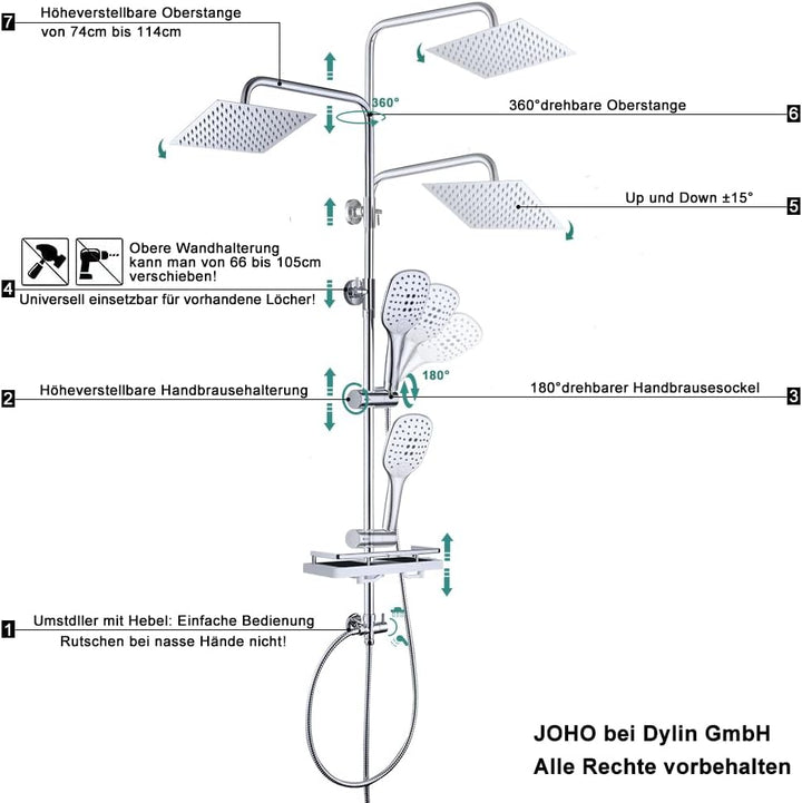 JOHO Regen Dusche Rainshower Überkopfbrauseset Regendusche Duschset Duschsystem mit Ablage Chrom(Kop
