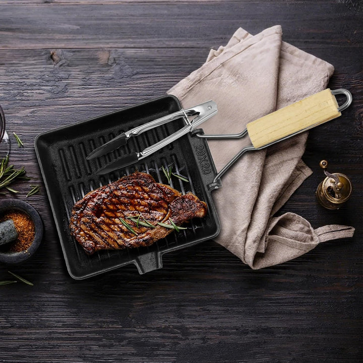 Steakpfanne Gusseisen,20x20cm Grillpfanne mit Klappbarem Holzgriff und Lebensmittelclips,Klappbarer