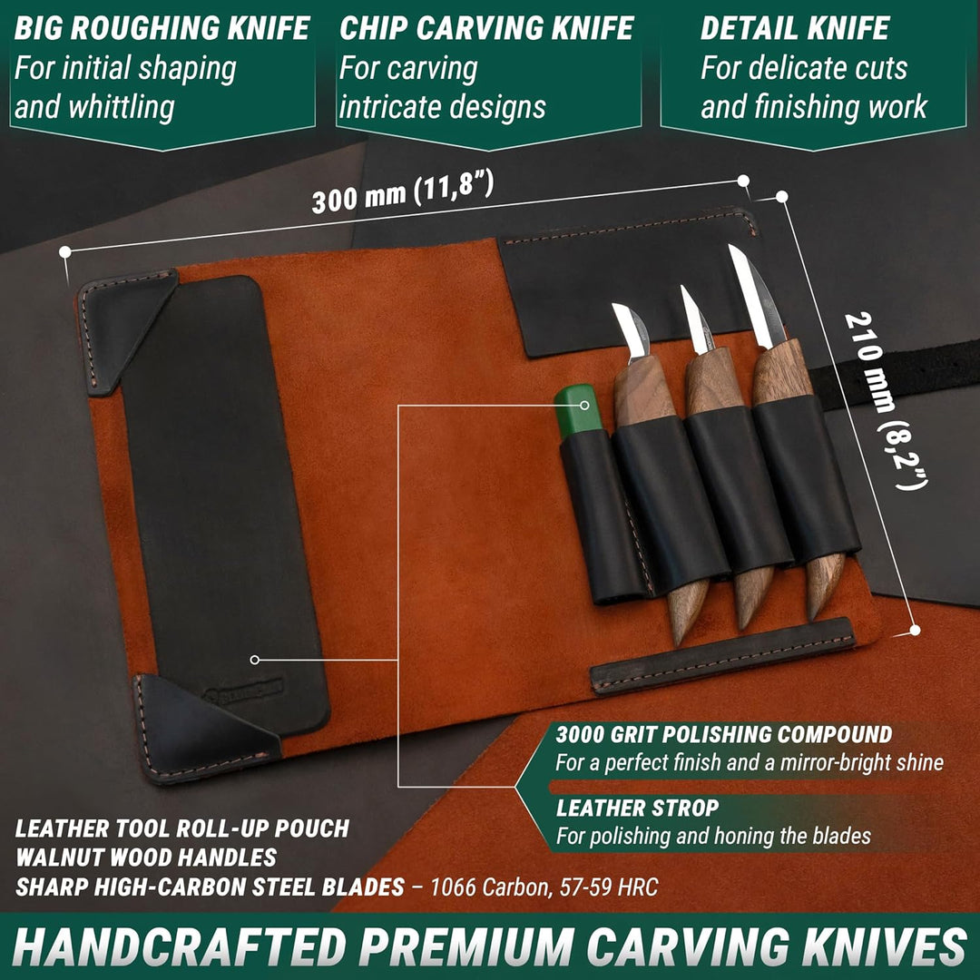 BeaverCraft Deluxe S15X Holzschnitzmesser-Set mit Ledertasche – Holzschnitz-Set Premium-Holzschnitzw