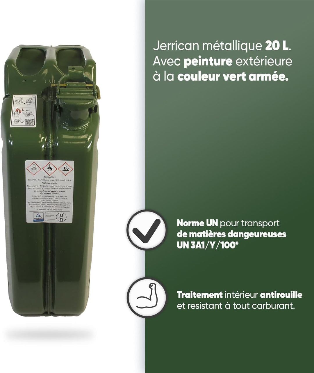 Kanister 20 l – Kanister Metall – Verriegelung mit Stift – Behandlung innen rostfrei – Norm UN Trans