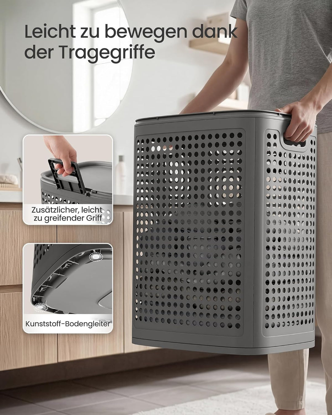 SONGMICS Wäschekorb mit Deckel, Wäschesammler Plastik, 75 L, Wäschetonne schmal, Wäschebox platzspar