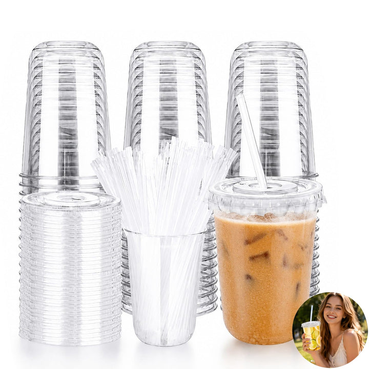 50PCS Plastikbecher mit Deckel und Strohhalm (16 Floz), Dessertbecher, Smoothie Becher, für Milchsha
