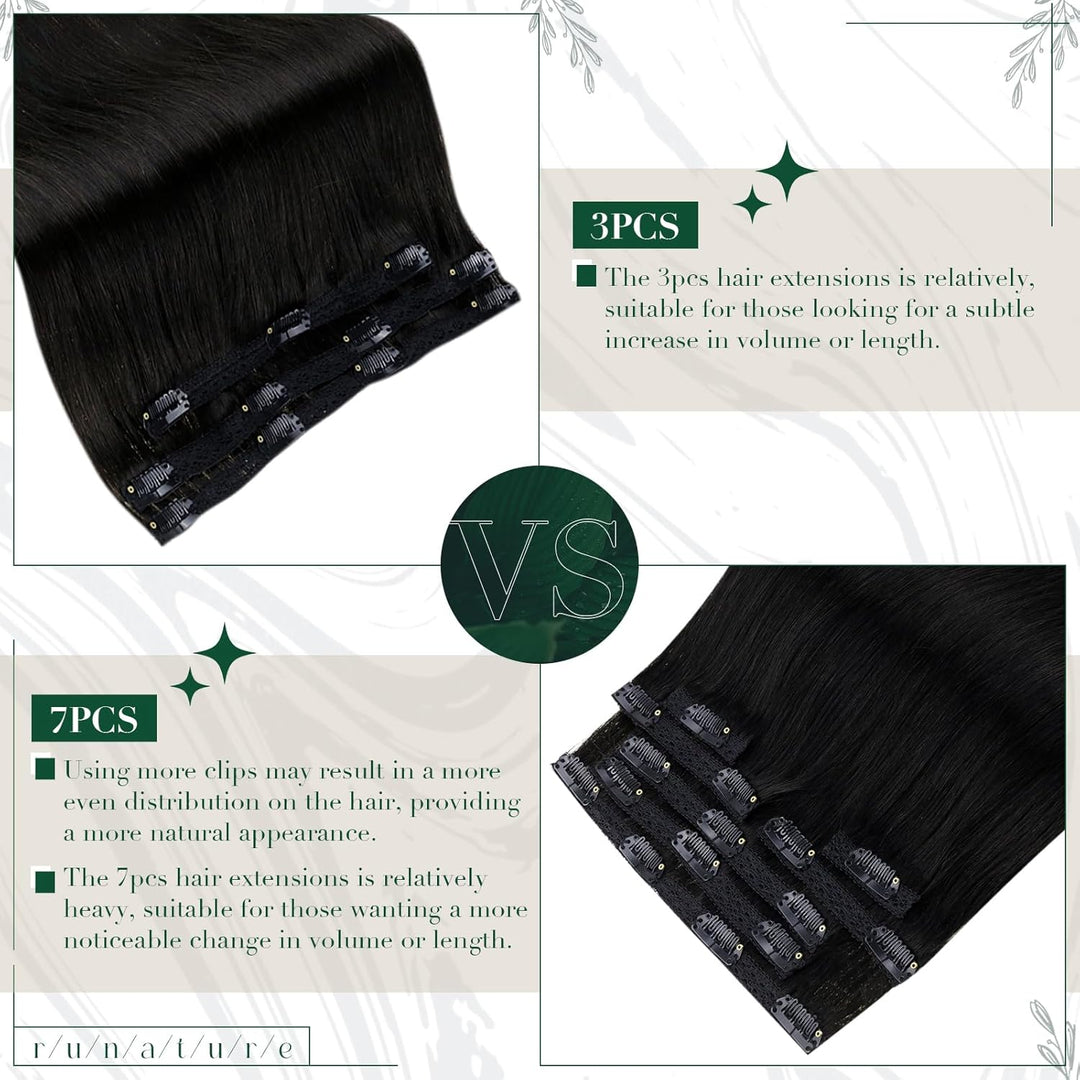 RUNATURE Echthaar Extensions Clip Schwarz 25cm Glatt Menschliches Haar Clip in Extensions Echthaar N