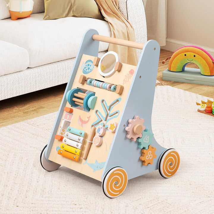 GOPLUS Lauflernwagen Holz, höhenverstellbarer Baby Lauflernhilfe, Baby Walker zum Schieben und Ziehe