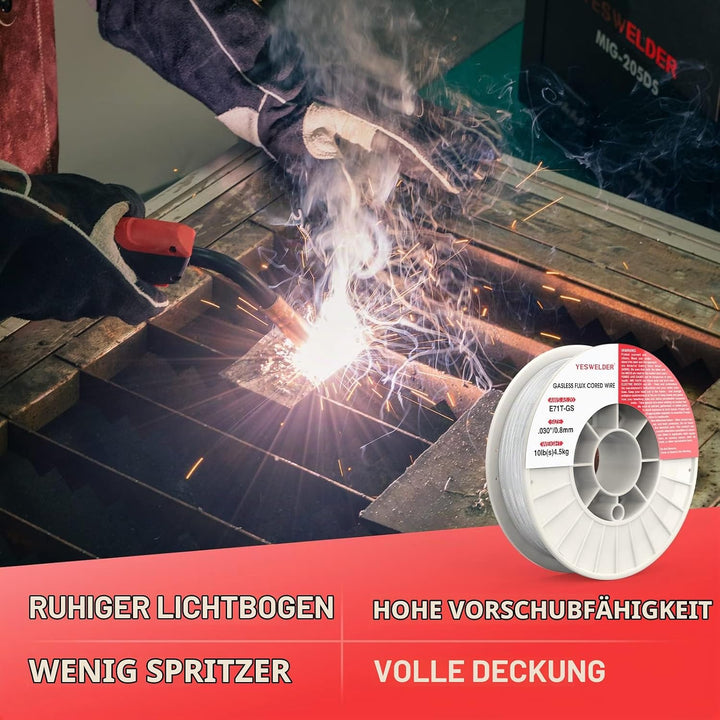 YESWELDER Fülldraht Gaslos MIG Schweissdraht, Baustahl E71T-GS 0,8mm 4,5kg Spule 0.8mm/4.5kg, 0.8mm/