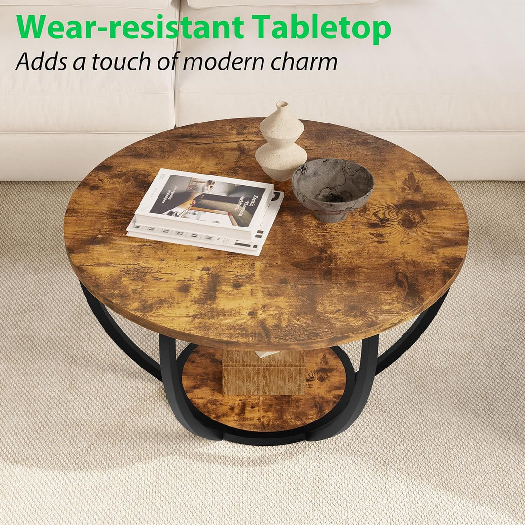 HOMERECOMMEND Round Coffee Table,Couchtisch Rund,2 stufiger Couchtisch mit Lagerung Regale,Wohnzimme