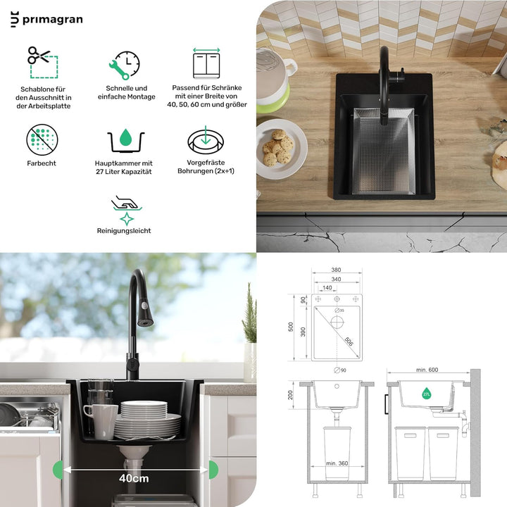 PRIMAGRAN Spülbecken Schwarz 38x50cm, Spülbecken 1 Becken + Küchenarmatur 40x20cm + Ablauf-Set, Küch