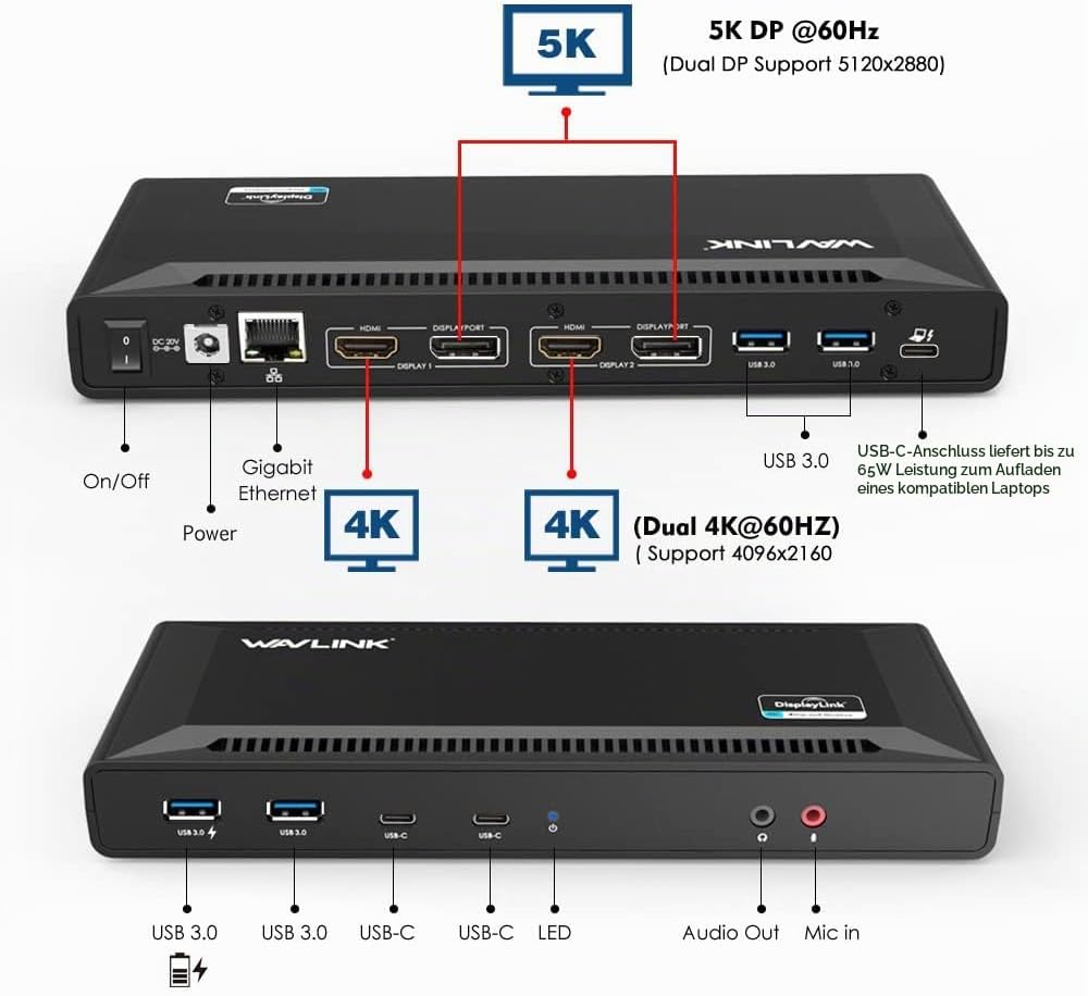 WAVLINK USB C Universelle Docking Station 60W Stromversorgung Unterstützt Dual 4K Videoausgänge (Dis
