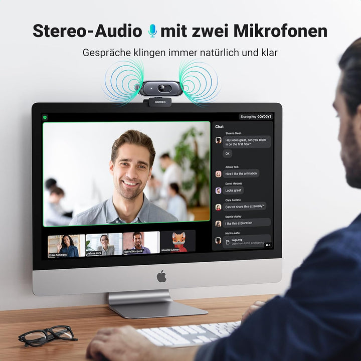 UGREEN Webcam 2K 30FPS Full HD, Webcam mit Dual Mikrofon, 91° Sichtfeld, Sichtschutz, Autofokus, Aut