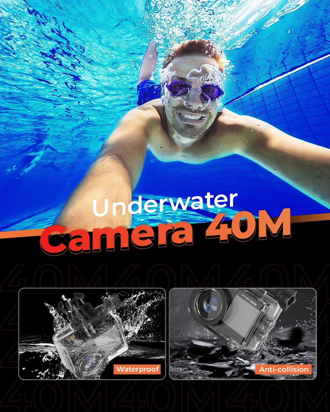 4K60FPS 24MP Action Cam, Touchscreen Sportkamera mit 64GB SD-Karte, Unterwasserkamera 131FT Wasserdi