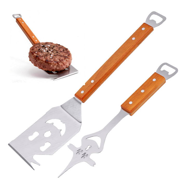 7 in 1 grillspachtel, 420 Edelstahl Grillbesteck Set für Barbecue Grill, mit 22 cm Holzgriff,Einziga