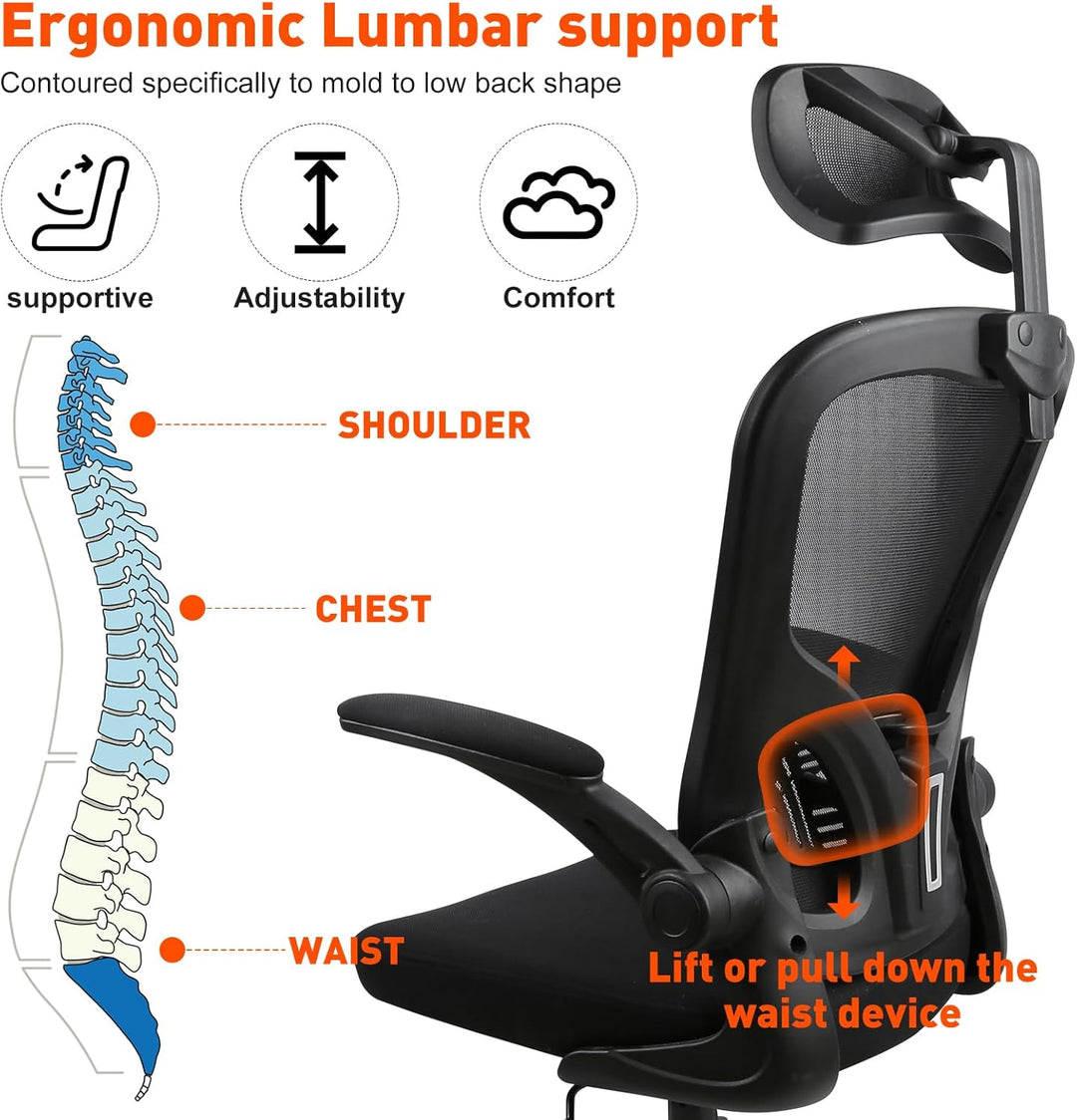Bürostuhl Ergonomisch, HANGHAIGO Schreibtischstuhl, Bürostuhl mit Kopfstütze, Armlehnen, Lendenwirbe