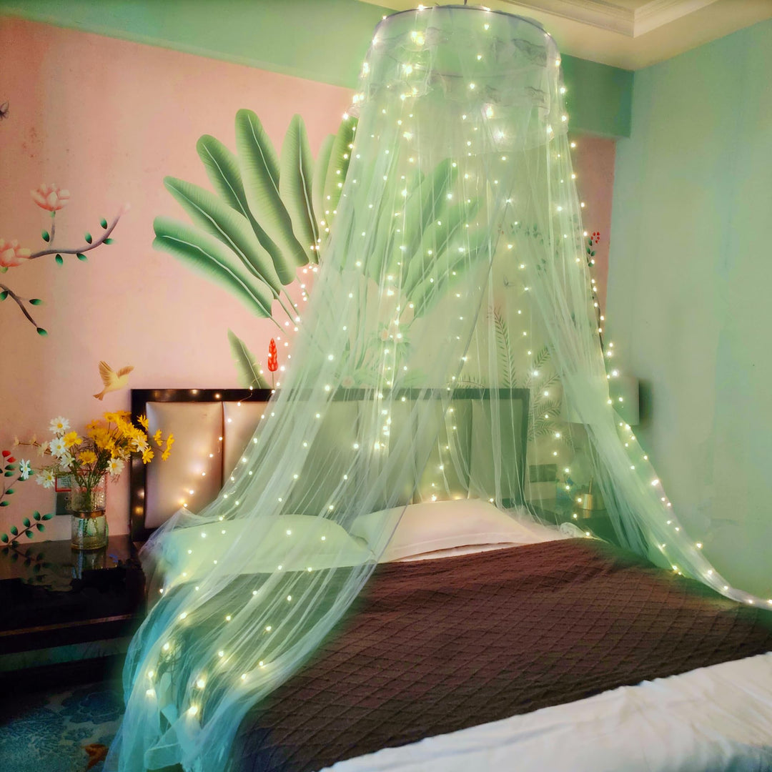 Eimilaly Spitze Betthimmel Moskitonetz mit warmen Lichtern, Prinzessin Betthimmel für Mädchen Zimmer