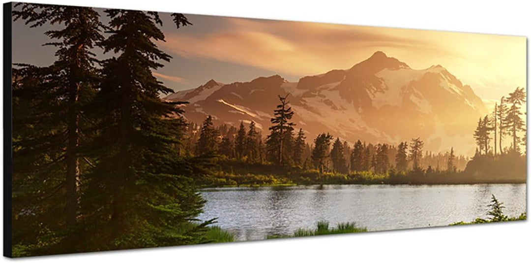 Paul Sinus Art Panoramabild auf Leinwand und Keilrahmen 150x50cm Berge Schnee Waldsee Bäume Natur