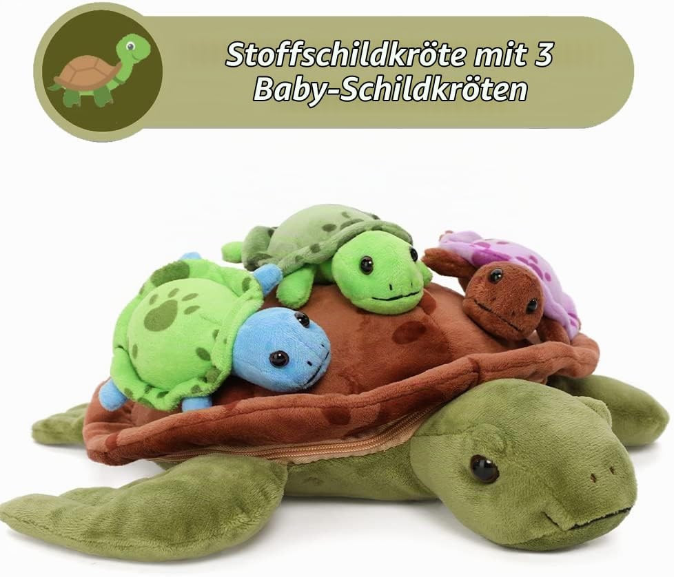 MorisMos 32cm Plüsch Kuscheltier Schildkröte mit 3 Baby im Panzer, 4 Stücke Süss Kuschelig Schildkrö