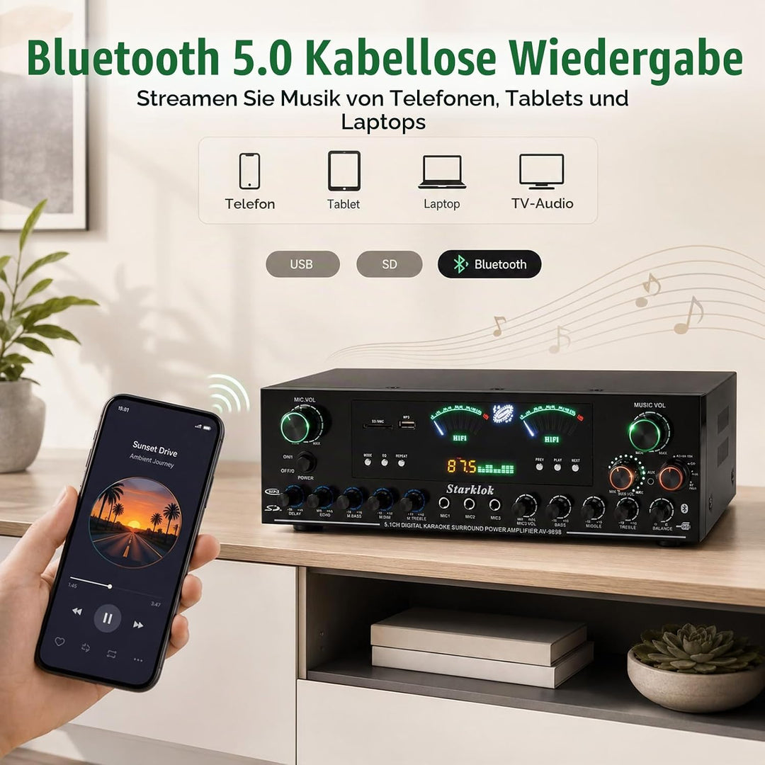 5.1-Channel HiFi Stereo Verstärker, 3000W Spitzenleistung Subwoofer Heimkino Verstärker mit Bluetoot
