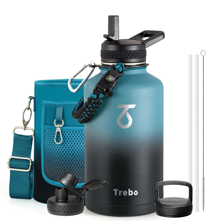 Thermosflasche mit Strohhalm 2L, Trebo Trinkflasche Edelstahl mit Paracord-Griff & 3 Deckeln, Edelst
