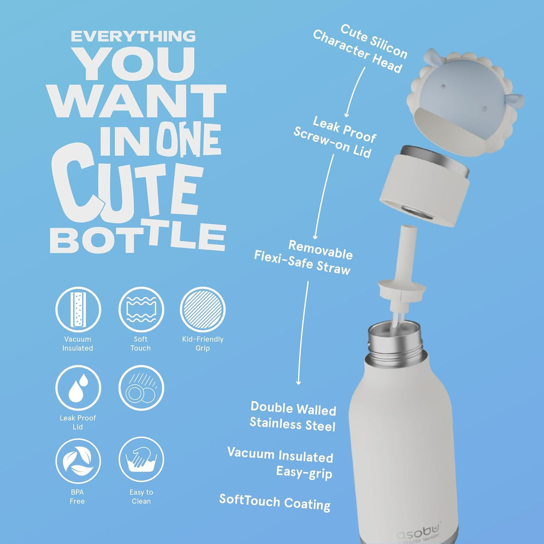 ASOBU Bestie Kindertrinkflasche mit Strohhalm – Isolierte Edelstahlflasche 420ml mit Schafskopf – Au