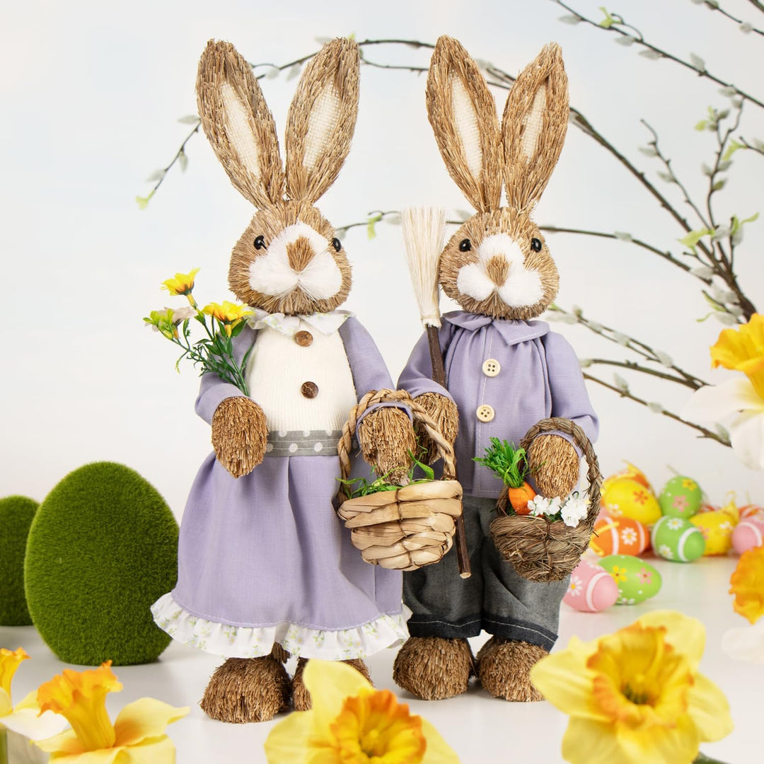 com-four® 2X XL Stroh Osterhase handgemacht - 44 cm Deko-Osterhase zur Osterdekoration - Strohfigure