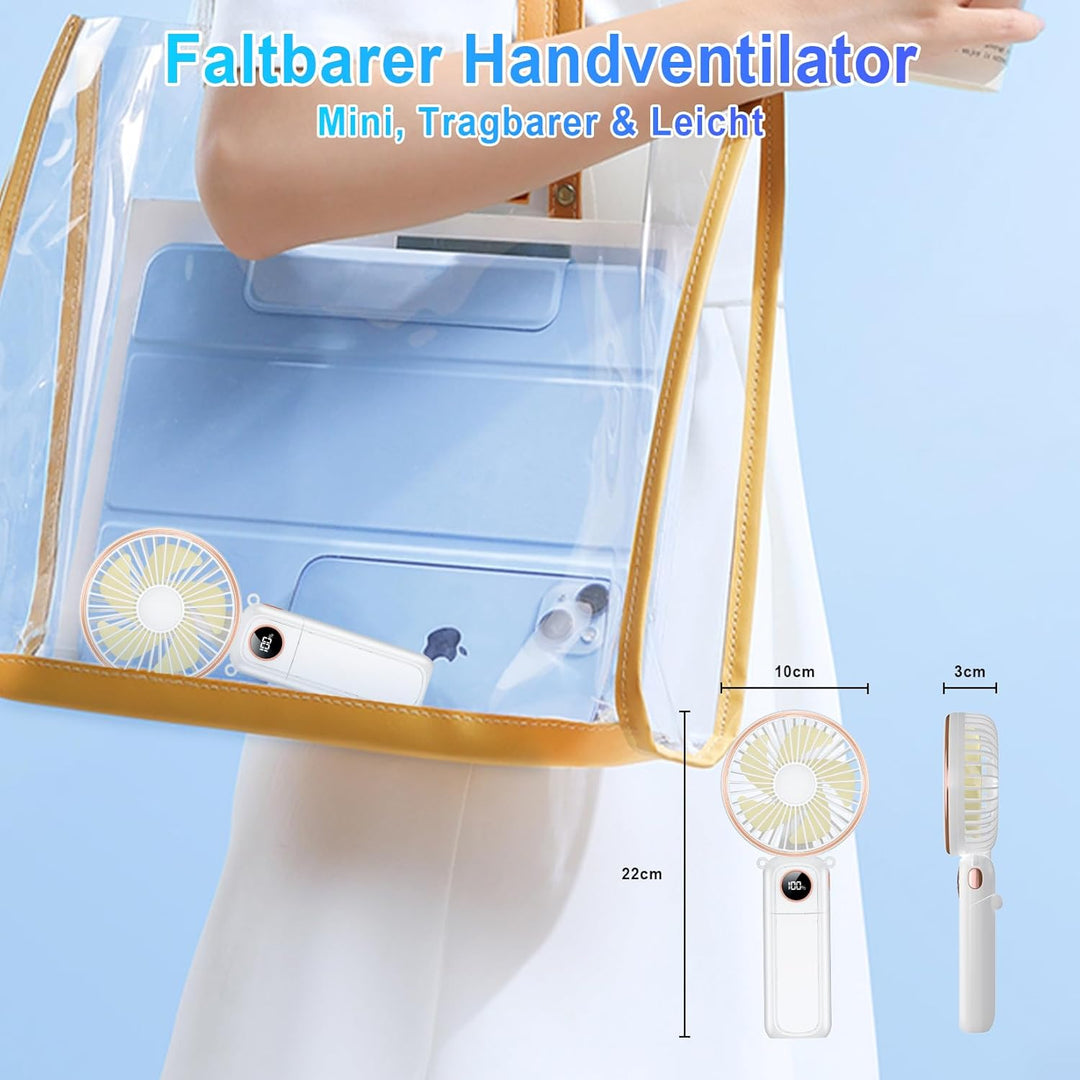 Handventilator mit LED-Anzeige, 5200 mAh Akku Aufladbar, Tragbarer Mini Ventilator mit Trageband, 6