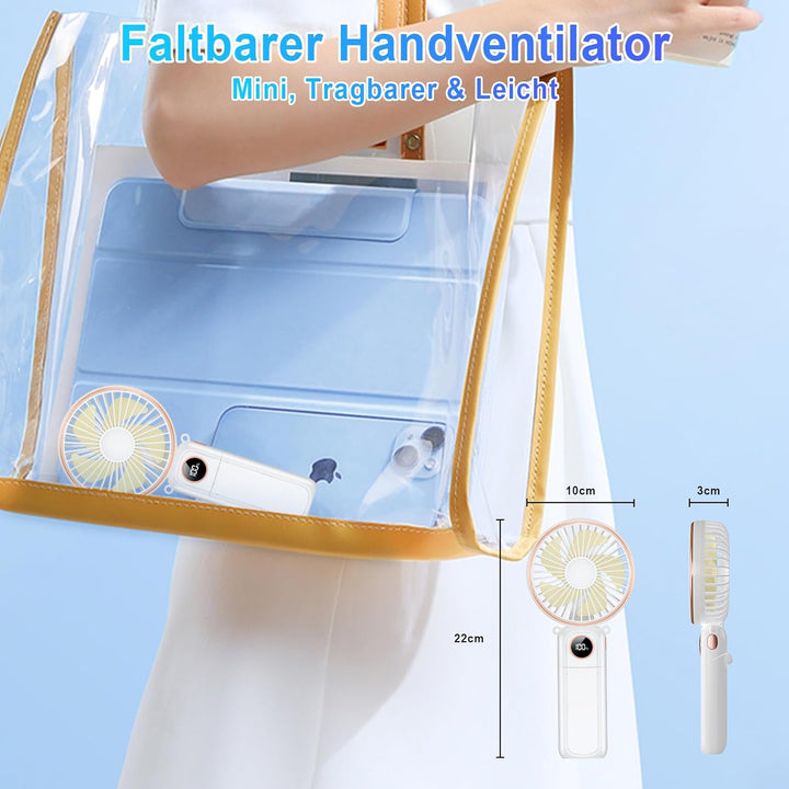 Handventilator mit LED-Anzeige, 5200 mAh Akku Aufladbar, Tragbarer Mini Ventilator mit Trageband, 6
