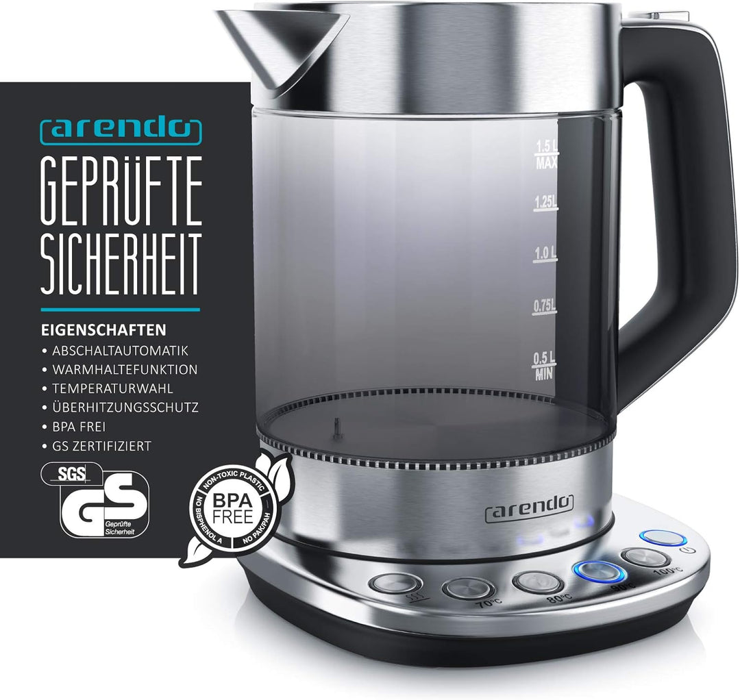 Arendo - Rauchglas Glas Wasserkocher mit Temperatureinstellung - Edelstahl - Warmhaltefunktion 30min