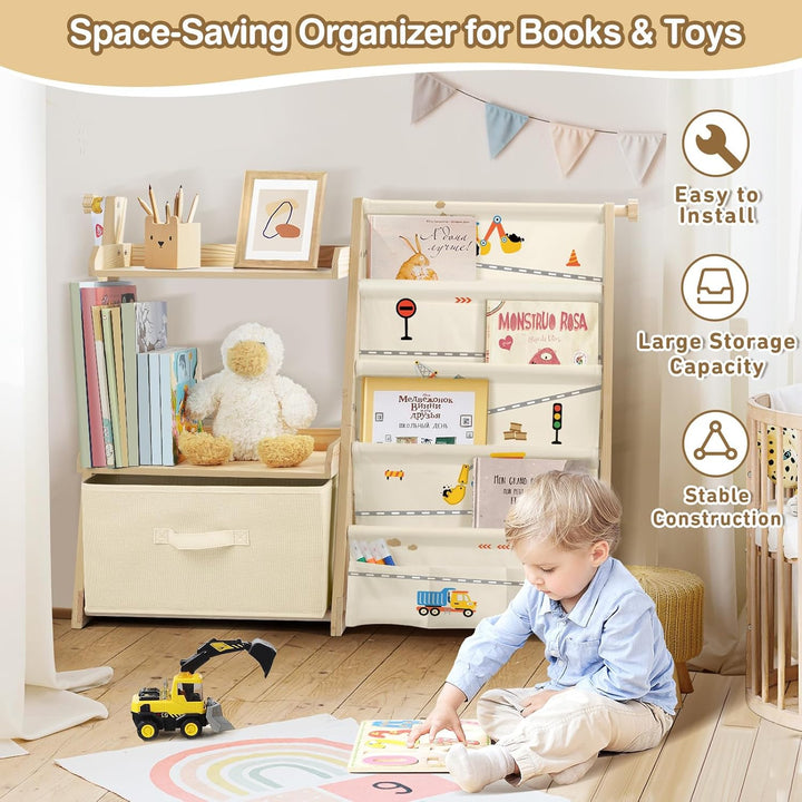 Bücherregal Kinder Kinderzimmer Spielzeug Aufbewahrung mit 4 Regalebenen & Aufbewahrungsbox, Kinderr