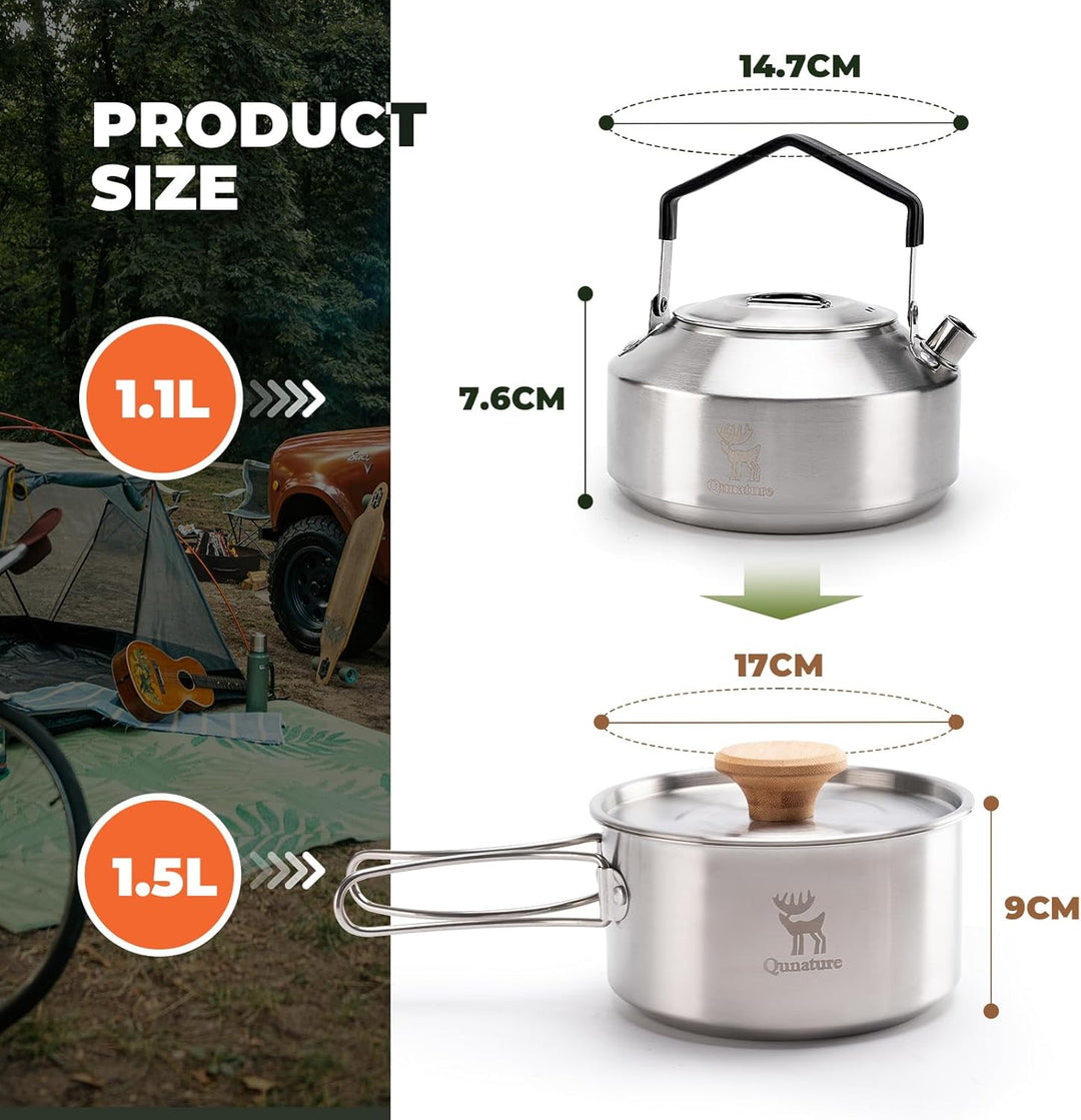 Camping Kochgeschirr Set Campinggeschirr mit Topf 1,5L und Teekessel 1,1L, Kompaktes Platzsparend St