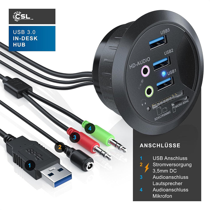 CSL - USB 3.0 In-Desk USB Hub Tisch-Kabeldurchführung mit Multi-Cardreader - Tischkabeldose - Multi