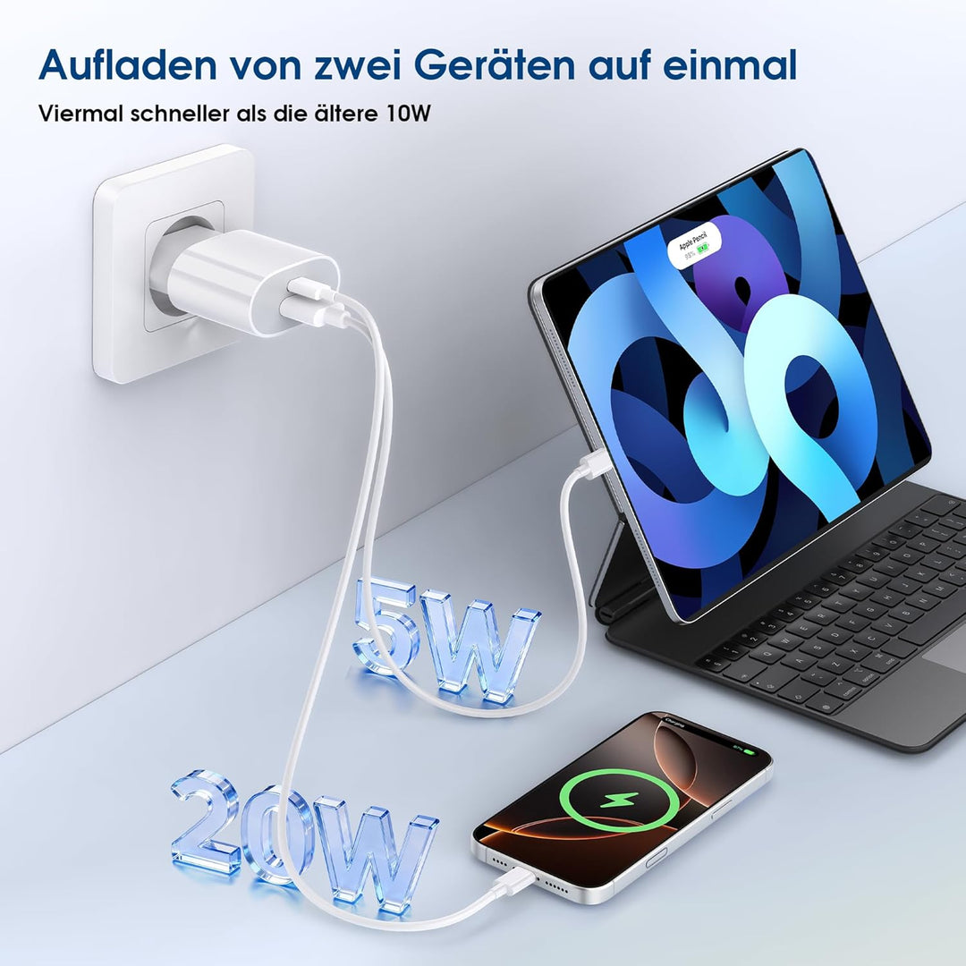 KenSera 20W USB C Ladegerät Schnellladegerät mit 2m Kabel, 2-Port Netzteil USB-C & USB-A, Fast Charg