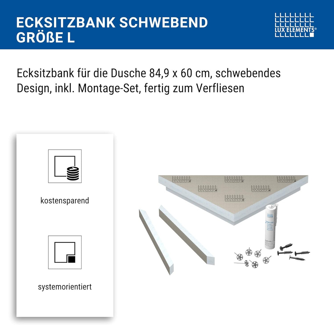 LUX ELEMENTS Ecksitz-Duschbank Fertig zum Verfliesen 84,9 x 60 x 10cm I 3-eckige Hartschaum Sitzbank