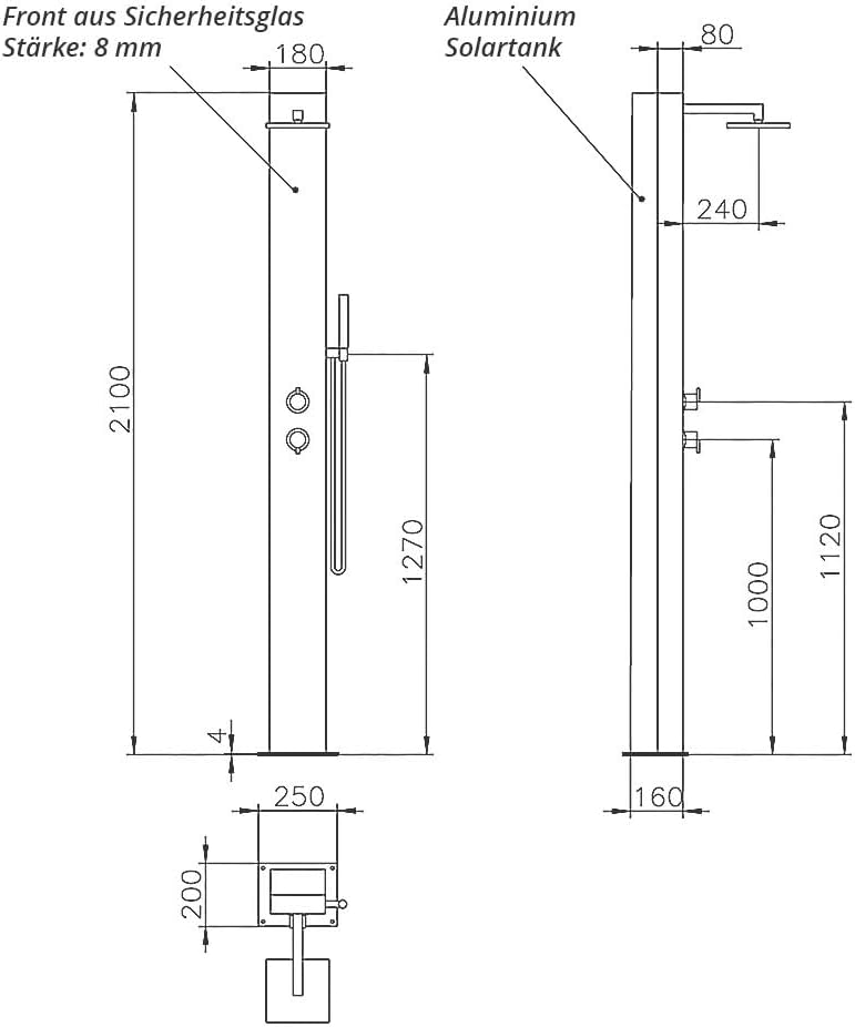 IDEAL Solardusche TOBAGO mit weisser Glasfront Edelstahl V2A poliert | Aluminium Wassertank 25 l | K