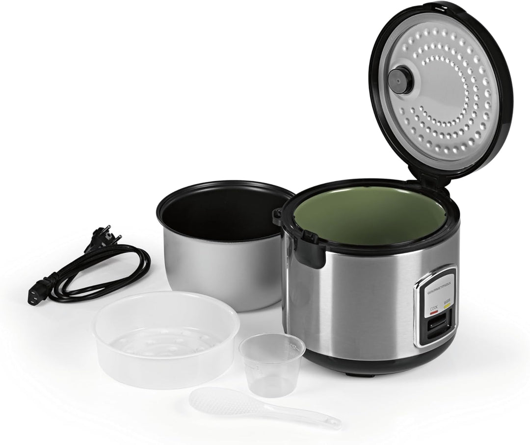 GOURMETmaxx Kompakt-Reiskocher & Dampfgarer, 1L, inkl. Dampfeinsatz, Gartopf, Reislöffel & Messbeche